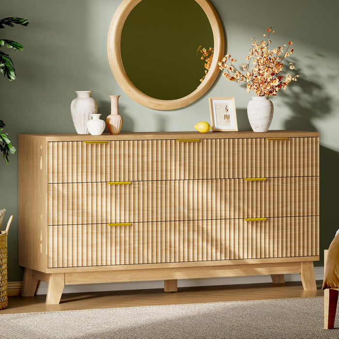 Fluted Dresser with 7 Drawers, 58" Wide Modern Chest of Drawers with Metal Handle, Wooden Dresser TV Stand, Wood Closet Clothes Storage Organizer for Bedroom, Living Room, Hallway, Natural Oak
