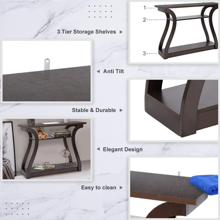 Wood Console Table with Curved Legs and Shelf, 3 Tier Modern Accent Sofa Table for Entryway, Living Room, Hallway, 47 in Wide, Easy Assembly (Cappuccino/Dark Brown)