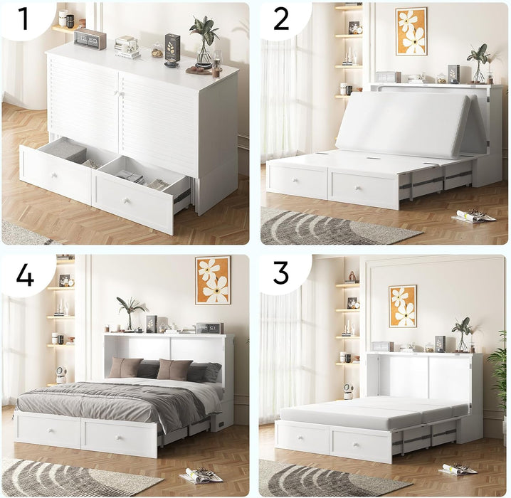 White Queen Murphy Bed With SpaceSaving USBChargingPorts