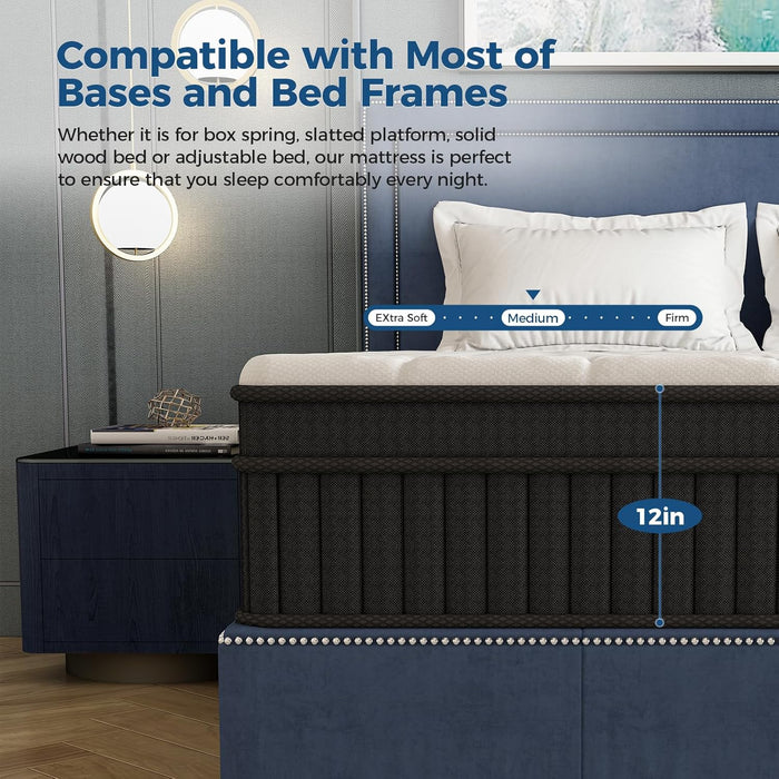 Queen Mattress, 12 Inch Mixed Memory Foam Mattress. Bagged Spring, Zoned Pressure Relief, Medium Firm Feel, Motion Isolation, Deep Sleep, Certified Safe Foams and Fabric, Certipur-Us,Black