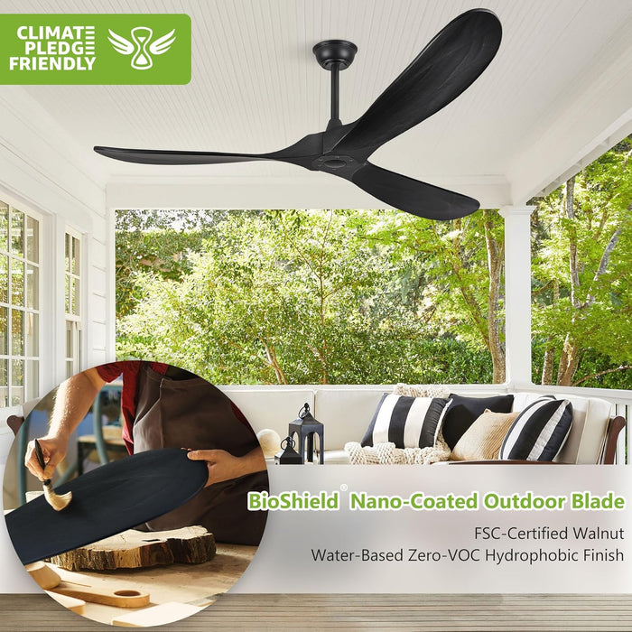 52 Inch Ceiling Fan No Light, Wood Ceiling Fans without Lights with Remote Control, Indoor Outdoor Ceiling Fan for Porch Garage Modern Propeller Black Ceiling Fans 3 Blades, Matte Black