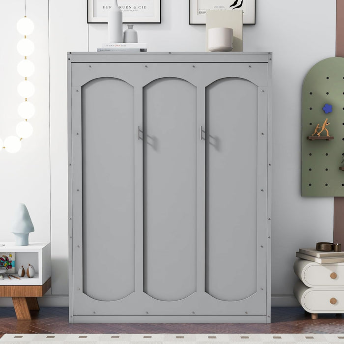 Full Size Murphy Bed Wall Bed with Shelves and Mattress Holder,Wood Hideaway Cabinet Chest W/Slat Support,Can Be Folded,For Small Room,Dorms,Gray