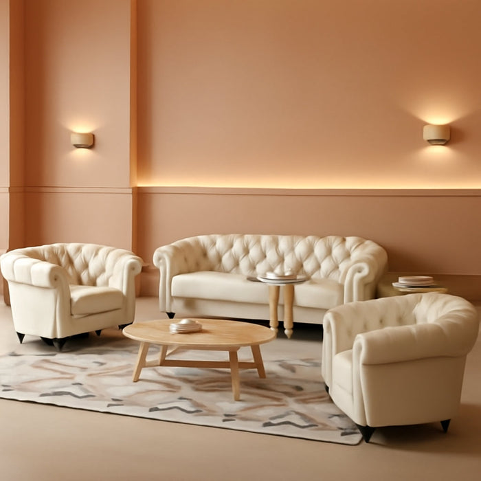 3 Piece Living Room Set, Chesterfield Faux Leather Sofa Loveseat Couch Chair with Scroll Arms and Nailhead for Living Room, Office (White)