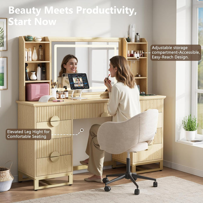 Fluted Vanity Desk, 60" Makeup Vanity with 32" Mirror and Lights, Modern Glass Top Vanity Table with 9 Drawers & 8 Open Shelves, Dressing Table Set W/Charging Station for Bedroom,Oak