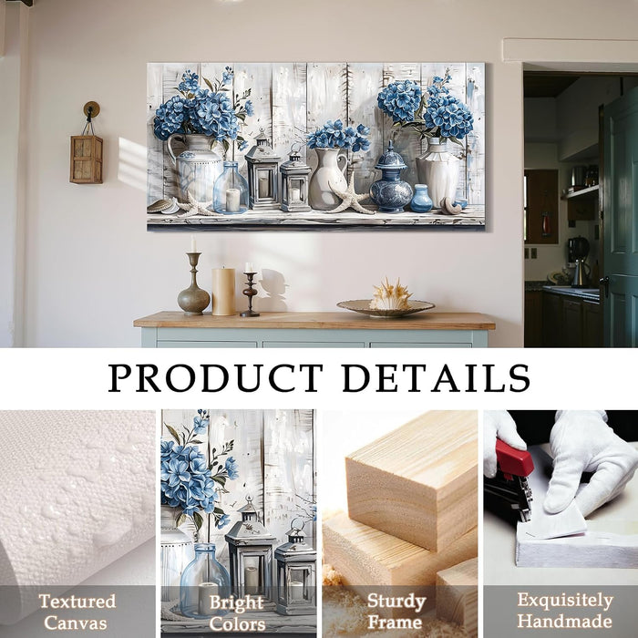 Floral Wall Art, Large Wall Art, Rustic Wall Decor, Nautical Still Life Art Prints, Blue Hydrangea Canvas Pictures, Grey Paintings for Living Room Bedroom Bathroom Kitchen Farmhouse 20"X40"