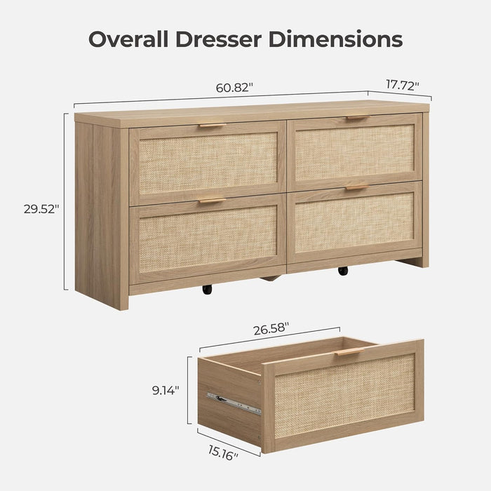 60.8 Inch Dresser CaramelOakFinish Storage Drawers