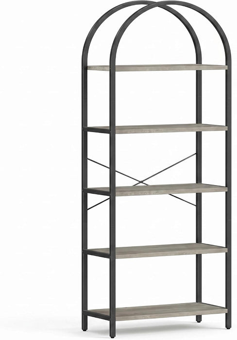 71" Arched Bookcase, 5-Tier Industrial Bookshelf with Metal Frame, Tall Storage Display Shelf for Living Room, Bedroom, Home Office, Gray