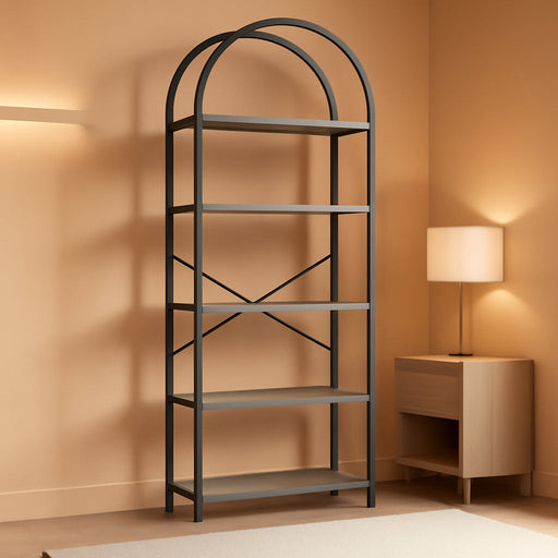 71" Arched Bookcase, 5-Tier Industrial Bookshelf with Metal Frame, Tall Storage Display Shelf for Living Room, Bedroom, Home Office, Gray