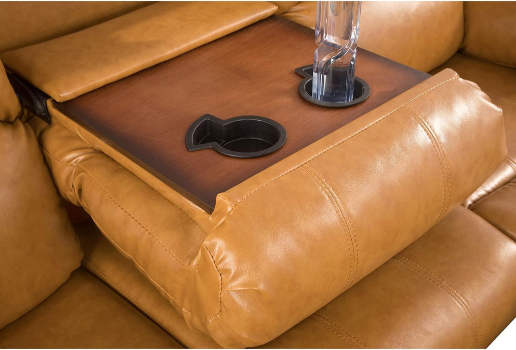 Manual Reclining Sofa 3 Seater Recliner Sofa Couch Living Room Furniture Modern Leather Reclining Sofa with Cup Holders & Flip-Down Table for Living Room/Office/Rv Car (Ginger, 3 Seater Sofa)