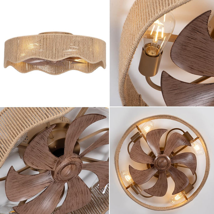 22" Boho Flush Mount Caged Ceiling Fans with Lights, Rustic Rattan Low Profile Ceiling Fans with Lights and Remote, Bladeless Fandelier Ceiling Fan with Light for Kitchen, Bedroom - ETL
