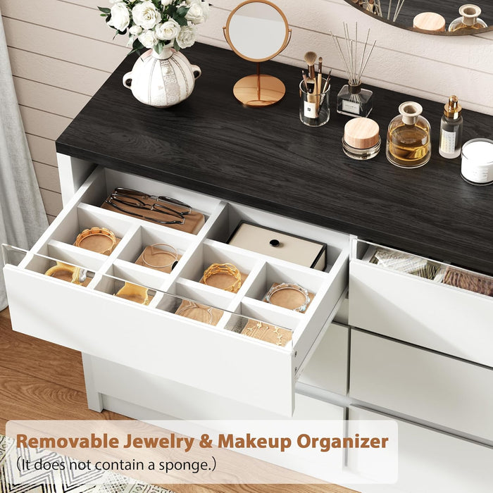 Modern LED 6 Drawer Dresser for Bedroom, White Large Chest of Drawers with Hidden Handles, Long Double Wooden Dresser Closet for Living Room, Entryway, Hallway - White