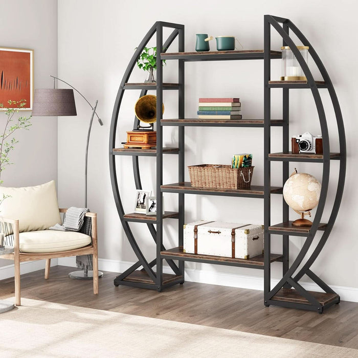 Oval Bookshelf, Triple Wide 5 Tier Etagere Bookcase, Industrial Display Shelves for Living Room (Brown, 55")