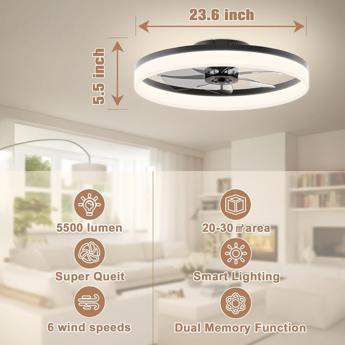 Low Profile Ceiling Fans with Lights and Remote, 23.6In Flush Mount Ceiling Fans with Light, 3000K-6500K Dimmable Fandelier LED Fan Light, Bladeless Ceiling Fan with Lights for Bedroom(Black)
