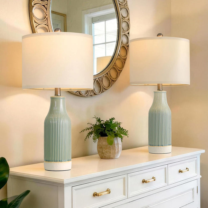 23.5" Bedside Lamps Set of 2,Green Ceramic Table Lamp for Bedroom