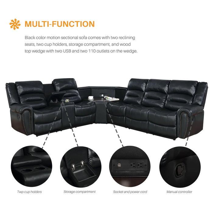 PU Leather Sectional Sofa Set, Reclining Couch for Living Room with Cup Holders, Love Seat with Wedge Wood Table, 5 Seater Theater Seating with Storage, Jet Black