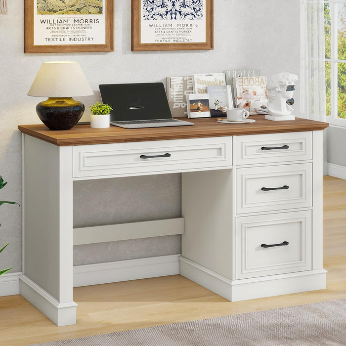 Farmhouse 47" Executive Desk, Computer Desk with Drawers and File Drawer, Workstation Computer Desk with Charging Station for Home Office,Study,Unique White.