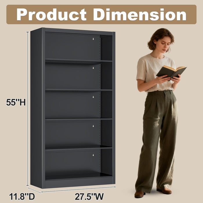 55” Tall 5 Tier Bookshelf with Adjustable Shelves