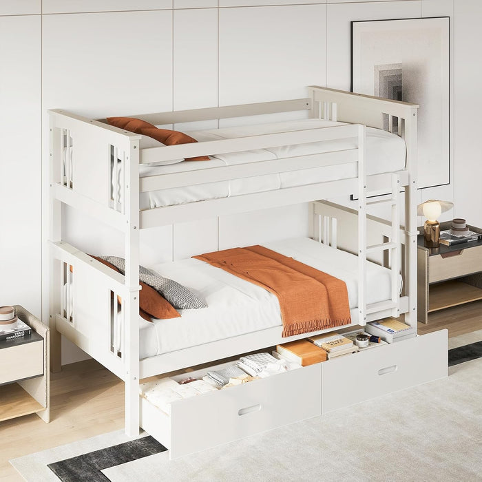 Premium Solid Hardwood Twin Bunk Bed IntegratedDrawers