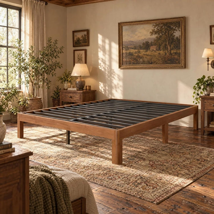 10 Inch Bamboo Full Bed Frame with Curved Leg, Warm Brown Color
