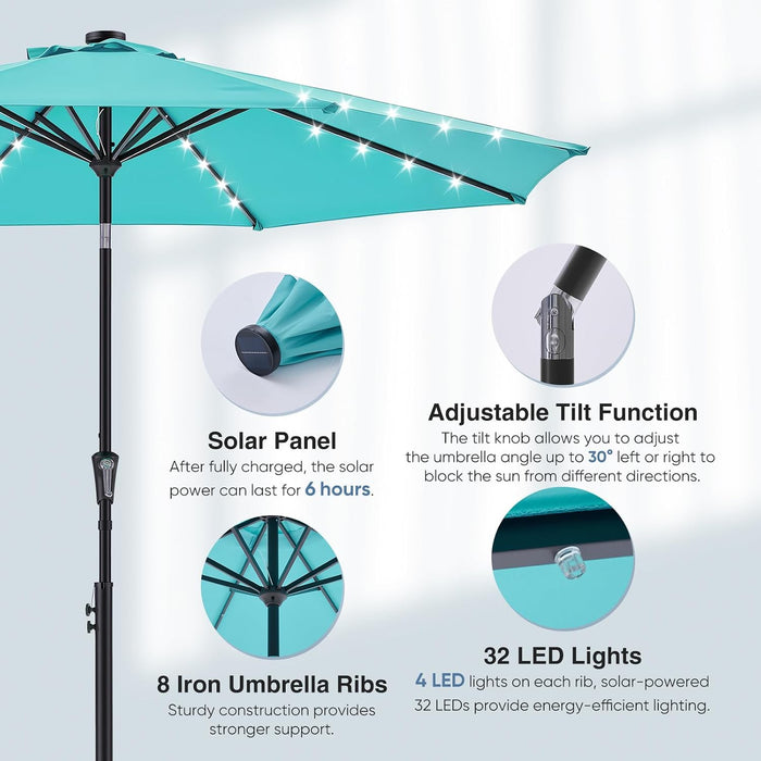 Outdoor Solar Patio Umbrella with 32 LED Lights, Beach Market Table Umbrella with Crank and 8 Sturdy Ribs for Pool, Terrace, Restaurant
