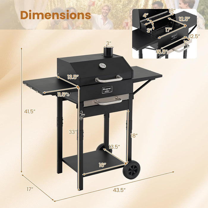 Charcoal Grill with 2 Side Tables, 284 Sq.In. Outdoor Smoker BBQ Grill with Thermometer, Bottle Opener & Wheels, Mobile Cooking Grill for Camping Picnic Party, Black