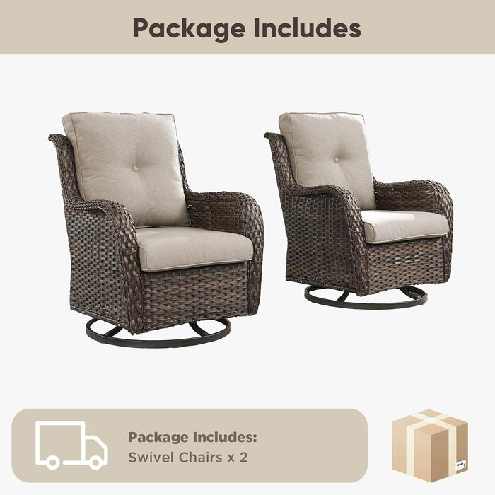 Outdoor Swivel Chairs Set of 2,Patio Wicker Rocker Chairs,All Weather Patio Conversation Furniture Set, Ideal for Porch Balcony Deck Yard, Brown Wicker/Beige