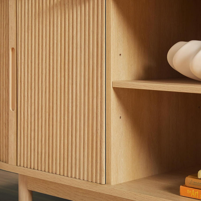 Chloe Curved Reeded TV Stand, Sliding Doors, 65 Inch, 60 Inch, Coastal Oak