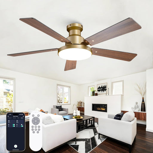 52 Inch Low Profile Gold Ceiling Fan with Lights, Modern Black and Gold Ceiling Fans with Remote/App for Indoor Bedroom, Flush Mount, 12.2'' Large 3CCT LED Light Panel, 6-Speed Quiet DC Motor