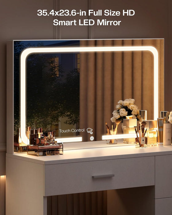 Makeup Vanity Desk Set, White, 35.4“W X 15.7" D X 53.9" H (Large Smart LED Mirror, with Cushion Stool, Hairdryer Rack, Power-Outlet, 4 Drawers)