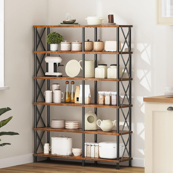 Corner Bookshelf, 6-Tier L-Shaped Bookcase, Industrial Open Display Shelf Tall Storage Organizer, Vertical Storage Rack, for Living Room, Home Office, Rustic Brown and Black BF61SJ01