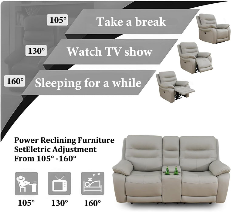 Genuine Leather Recliner Couch Set, Power Reclining Sofa Set 3 Pieces Top Grain Leather Sofa with Built in USB Port for Living Room(Light Grey) (Sofa+Loveseat+Chair)