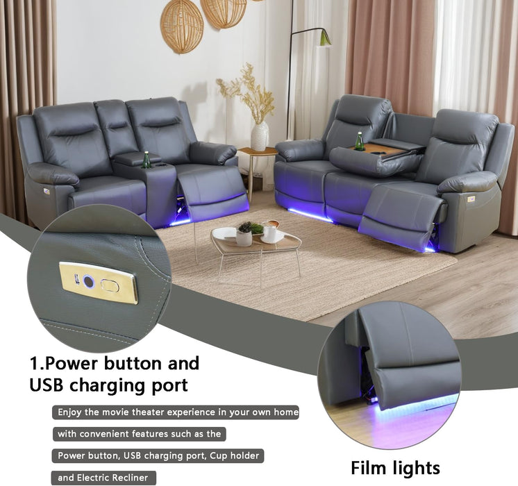 Power Leather Recliner Sofa Sets, 2 Pieces Living Room Furniture Sets with LED Lights, Grey Reclining Sofa Sets with USB Port for House/Office/Rv(B-Drak Grey, Sofa+Loveseat)
