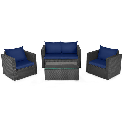 4 Pieces Patio Rattan Conversation Set with Padded Cushions