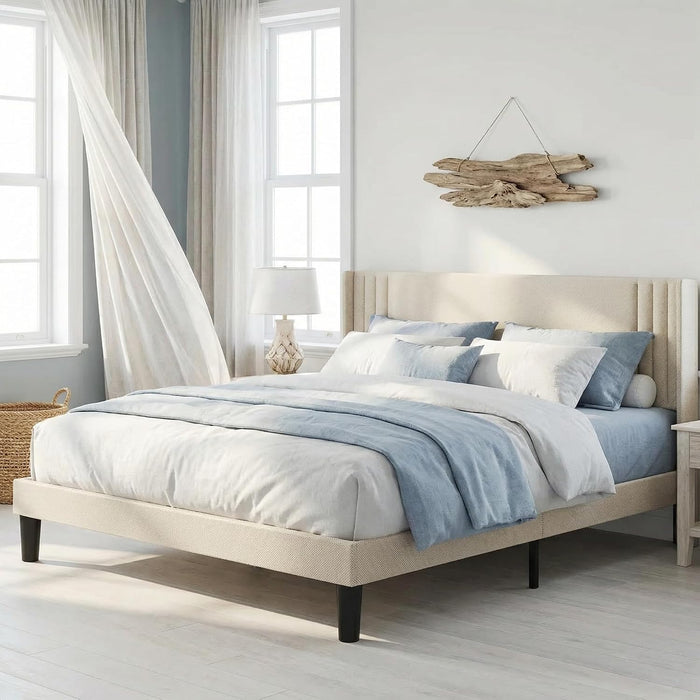 Queen Bed Frame with Wingback Headboard, Upholstered Platform Bed