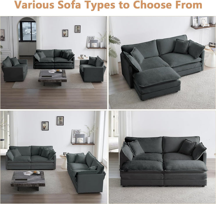 Luxury 2 Piece Loveseat Couch & Sofa Armchair Set, Modern Upholstered Chenille Cloud Couches Set Furniture with 5 Pillow for Living Room Bedroom Office Apartment, Grey