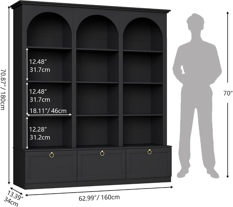 71" Tall Triple Wide Bookshelf with Doors, 5-Tier Large Arched Bookcase | with Cabinets, Modern Bookcases with 15 Storage Shelves, Wood Book Shelf for Living Room, Home Office, Black