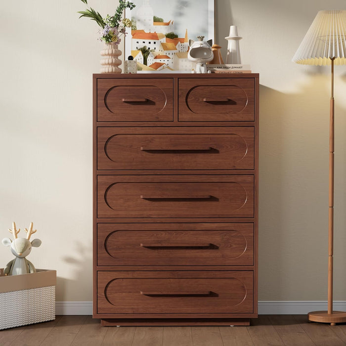 Walnut 6 Drawer Dresser for Bedroom, 44" Tall Dressers & Chest of Drawers W/Solid Wood Handle, Wood Mid Century Closet Organizers and Storage Cabinet for Bedroom, Living Room, Hallway, Walnut