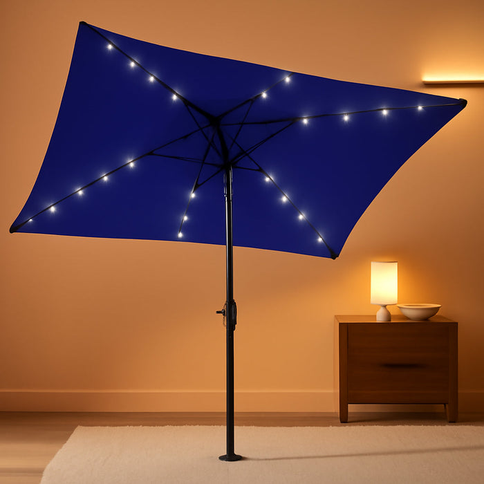 6.5X10Ft Rectangular Patio Umbrella Solar Powered Outdoor Table Market Umbrella with LED Lights & Push Button Tilt & Easy Crank for Garden/Lawn/Beach/Pool/Deck Navy Blue