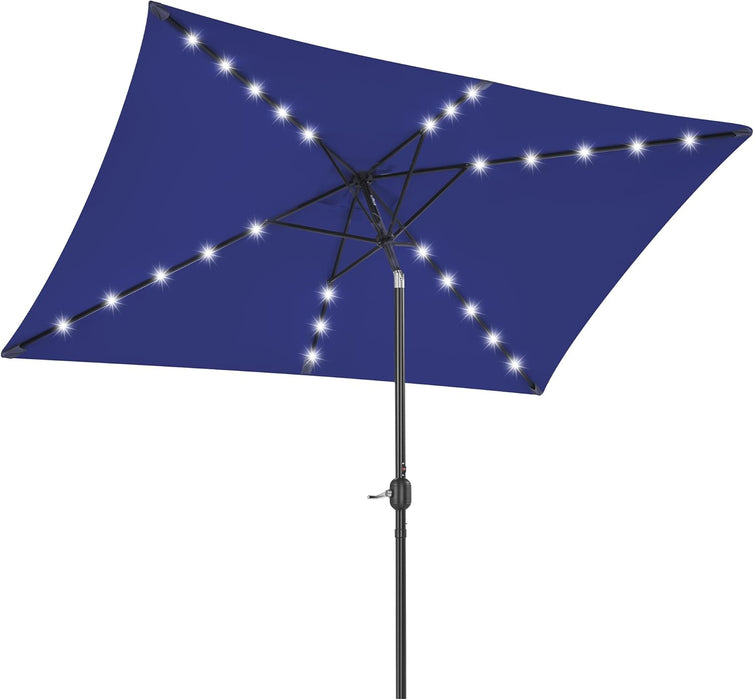 6.5X10Ft Rectangular Patio Umbrella Solar Powered Outdoor Table Market Umbrella with LED Lights & Push Button Tilt & Easy Crank for Garden/Lawn/Beach/Pool/Deck Navy Blue