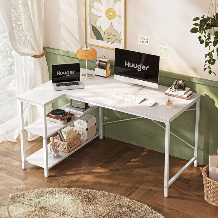 L Shaped Desk, 47 Inches Computer Desk with Reversible Storage Shelves, Gaming Desk, Corner Desk Home Office Desks, Writing Desk Study Desk with Metal Frame, White