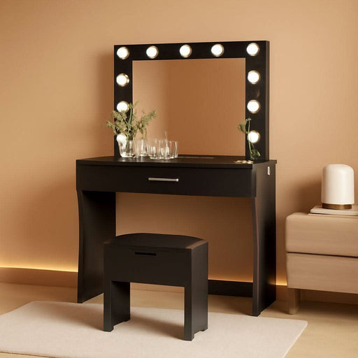 Vanity Table Set with 12 Light Bulbs, Makeup Dressing Table with Big Drawer & Mirror, Dresser Desk for Bedroom, Living Room Black