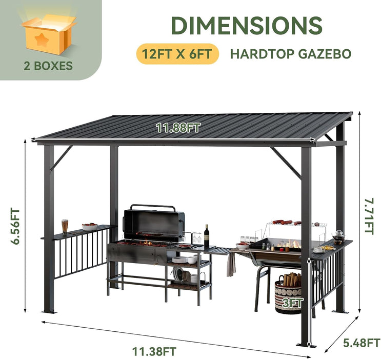 12X6Ft Hardtop Gazebo, All-Weather Outdoor BBQ Canopy with Sloping Steel Roof, Grill Gazebo with 2 Side Shelves & Hooks, Permanent Metal Gazebo for Patio, Backyard, Deck