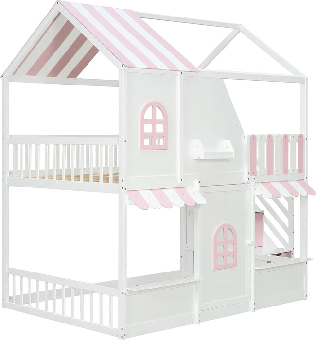Full Over Full House Bunk Bed StorageStaircaseWithDrawersWhitePink