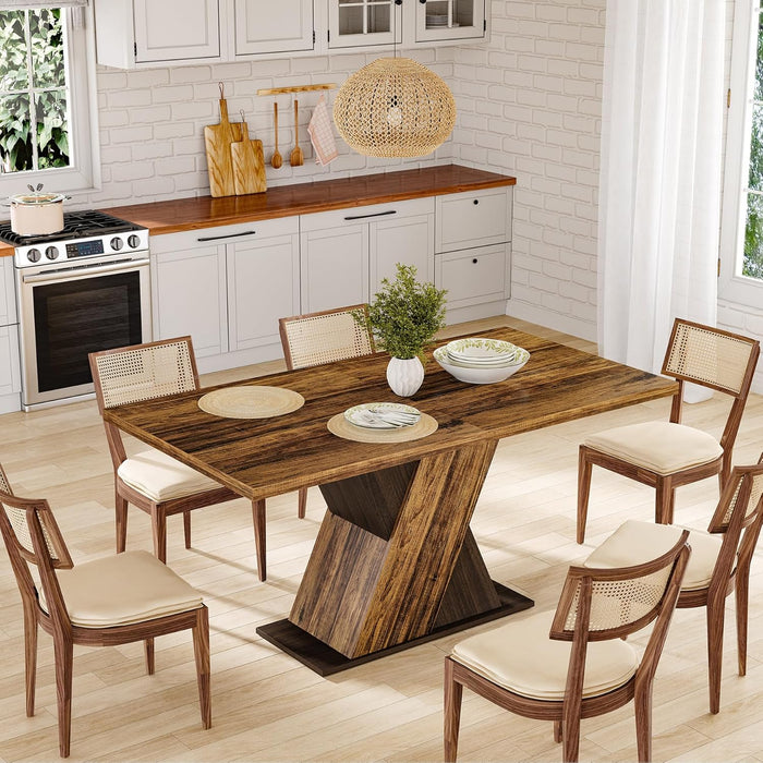 55-Inch Dining Table for 6, Wooden Rectangle Kitchen Table, Large Dining Room Tables, Industrial Dinner Table with Heavy Duty Pedestal, Rustic Brown