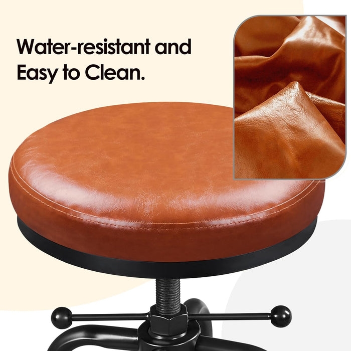 Industrial Bar Stools Vintage Counter Height Bar Stool with round Faux Leather Seat Metal Stool Adjustable Kitchen Stool 21.5-28 Inch Tall Light Brown, 1PCS