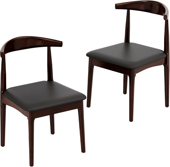 Mid-Century Modern Dining Chairs Set of 2, Upholstered Leather Seat Kitchen Chairs with Solid Wood Frame, Elegant Walnut-Colored Accent Side Chairs for Dining Room, Kitchen, Restaurant, Cafe