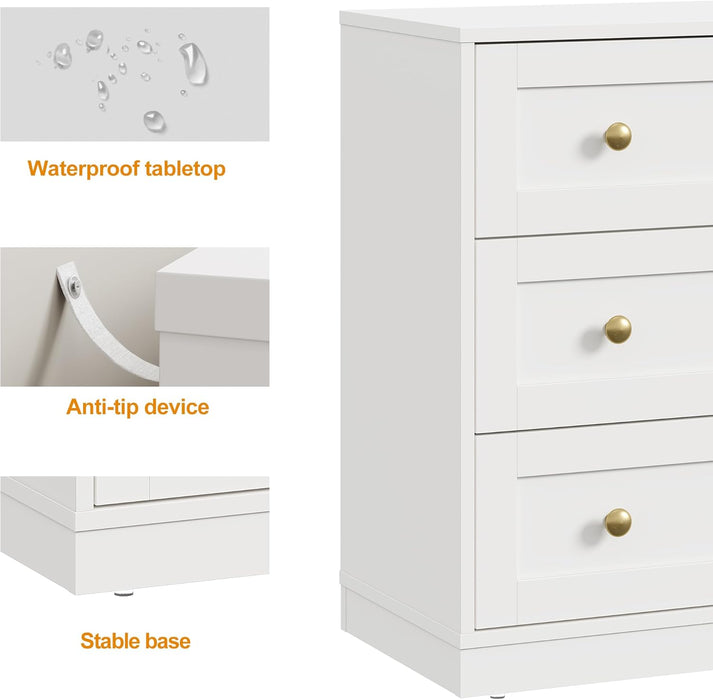 White 3 Drawer Dresser, Small Dresser for Bedroom, Wood Nightstand with Drawers, Modern Chest of Drawers for Closet, Living Room, Entryway