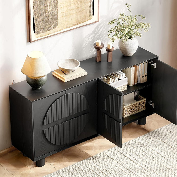 63 Inch Fluted Buffet Cabinet W/Storage, Push-Spring Doors, Black