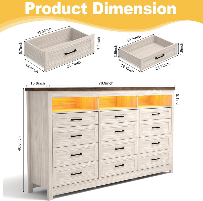 Farmhouse 12 Drawer Dresser with LED Lights, 71" Wide Large Chest of Drawers for Bedroom, Modern Wood Dresser Storage Organizer with Charging Station for Living Room, Bedroom, Hallway, Beige