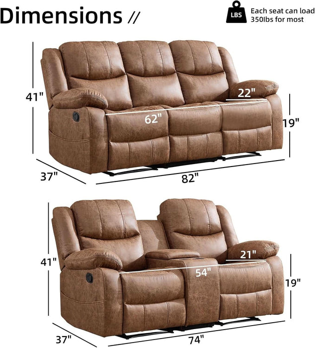 2 Pieces Manual Recliner Sofa Set, Faux Leather Reclining Couch Set for Living Room, Included Loveseat Recliner Couch and 3 Seat Reclining Sofa, Brown